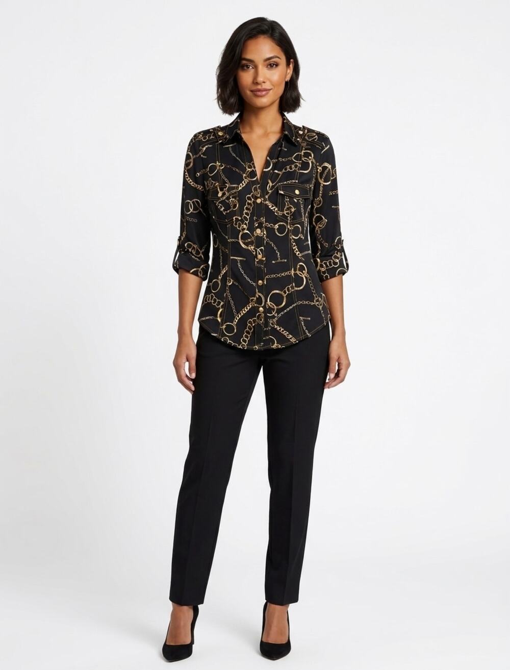 Caché Vintage Chain Print Deep V-Neck Button Up Shirt Black Gold | S